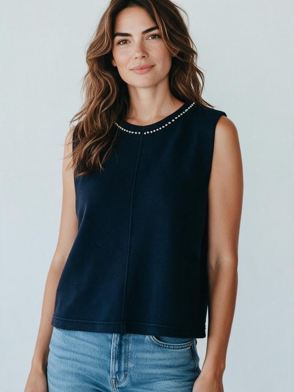 H&M Navy Sleeveless Tank with Pearl Neck Trim